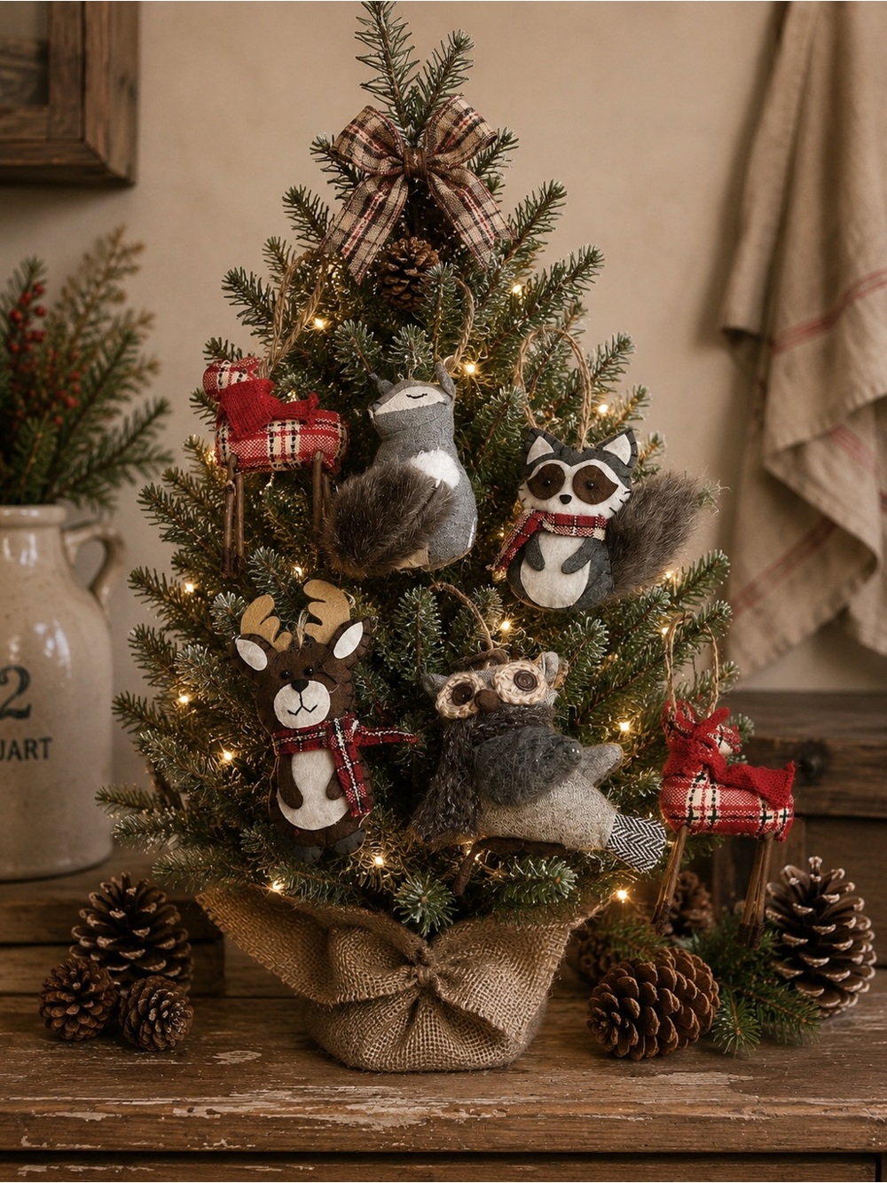 Set of Six Felt Woodland Animal Ornaments.